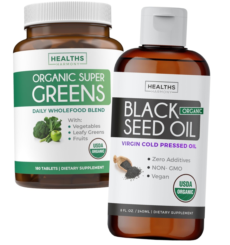 Super Greens & Black Seed Oil (3-Month Supply) Βότανο μείγμα πετρελαίου με οργανικά Super Greends σκόνη - Πλήρης Superfood (180 κάψουλες) & Βιολογικό Μαύρο Έλαιο σπόρων Υγρό - Ψυχρό πιέζεται (8 fl oz)