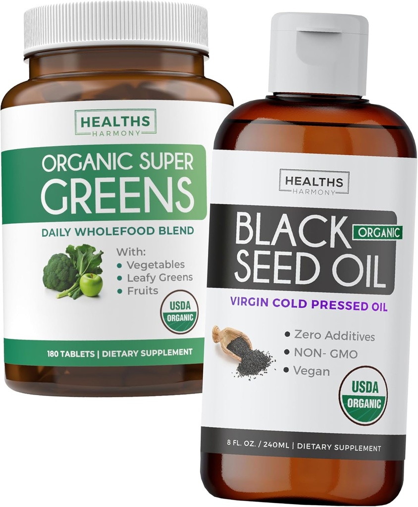 Super Greens & Black Seed Oil (3-Month Supply) Herbal Oil Sac of Organic Super Greends Toz - Tamam Superfood (180 Capsules) & Organik Siyah Tohum Yağı Sıvı - Soğuk baskı (8 fl oz)