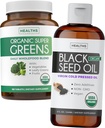 Super Greens & Black Seed Oil (3-Month Supply) Βότανο μείγμα πετρελαίου με οργανικά Super Greends σκόνη - Πλήρης Superfood (180 κάψουλες) & Βιολογικό Μαύρο Έλαιο σπόρων Υγρό - Ψυχρό πιέζεται (8 fl oz)