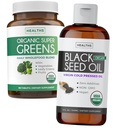 Super Greens & Black Seed Oil (3-Month Supply) Herbal Oil Sac of Organic Super Greends Toz - Tamam Superfood (180 Capsules) & Organik Siyah Tohum Yağı Sıvı - Soğuk baskı (8 fl oz)