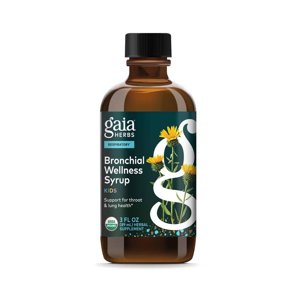 Gaia Kids Bronchial Wellness Syrup - Immune Support Sup - Συνολική υποστήριξη για τον λαιμό και τον πνεύμονα - Certified Organic Formula with English Plantain, Grindelia & Honey - 3 Fl Oz (18 Services)