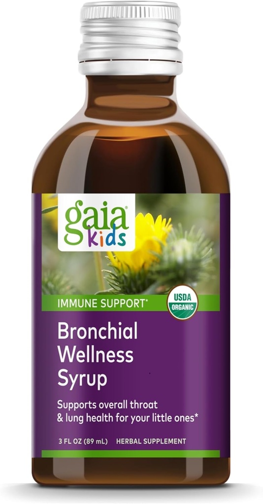 Gaia Kids Bronchial Wellness Syrup - Immune Support Supplement - Genel Throat & Lung Health Support - İngilizce Plantain, Grindelia & Honey - 3 Fl Oz (18 hizmet)