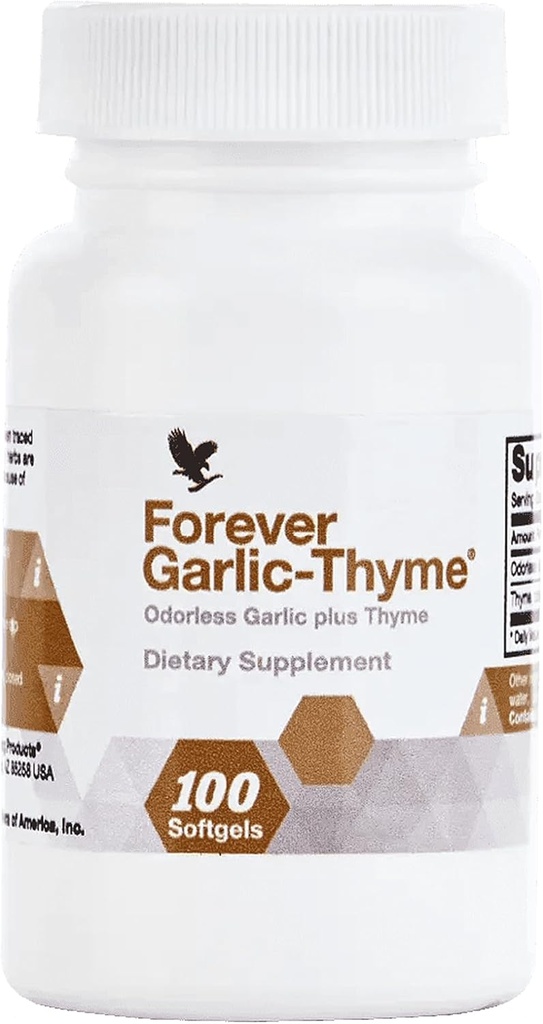 Forever Living - Forever Σκόρδο-Θύμος - Καρδιαγγειακή & Ανοσολογική Υποστήριξη με 10mg εκχύλισμα σκόρδου & 50mg σε σκόνη φύλλων θυμαριού - Odorless Softgel, Gluten-Free - 100 Softgels
