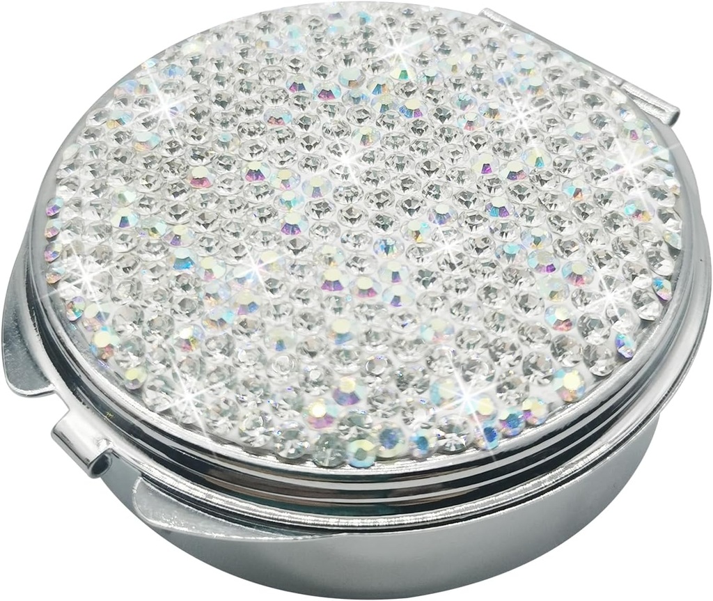 Bling Pill Case for Purse Medicine Vitamin Container Holder Pocket Pill Case Round Medicine Organizer for Vitamin/Fish Oils/Supplement Travel Medicine Kit (3 Compartment Silver)
