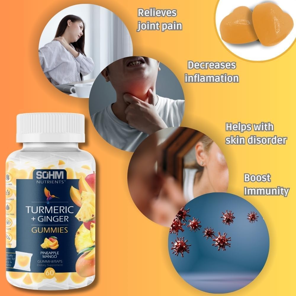 SOHM Turmeric Ginger Gummies with Ginger, 60 Bireysel olarak sarıldı, Cilt Bozuklukları, Ortak Sağlık Destekleri - Yetişkinler Erkekler ve Kadınlar için Bayan Flavor Gummies