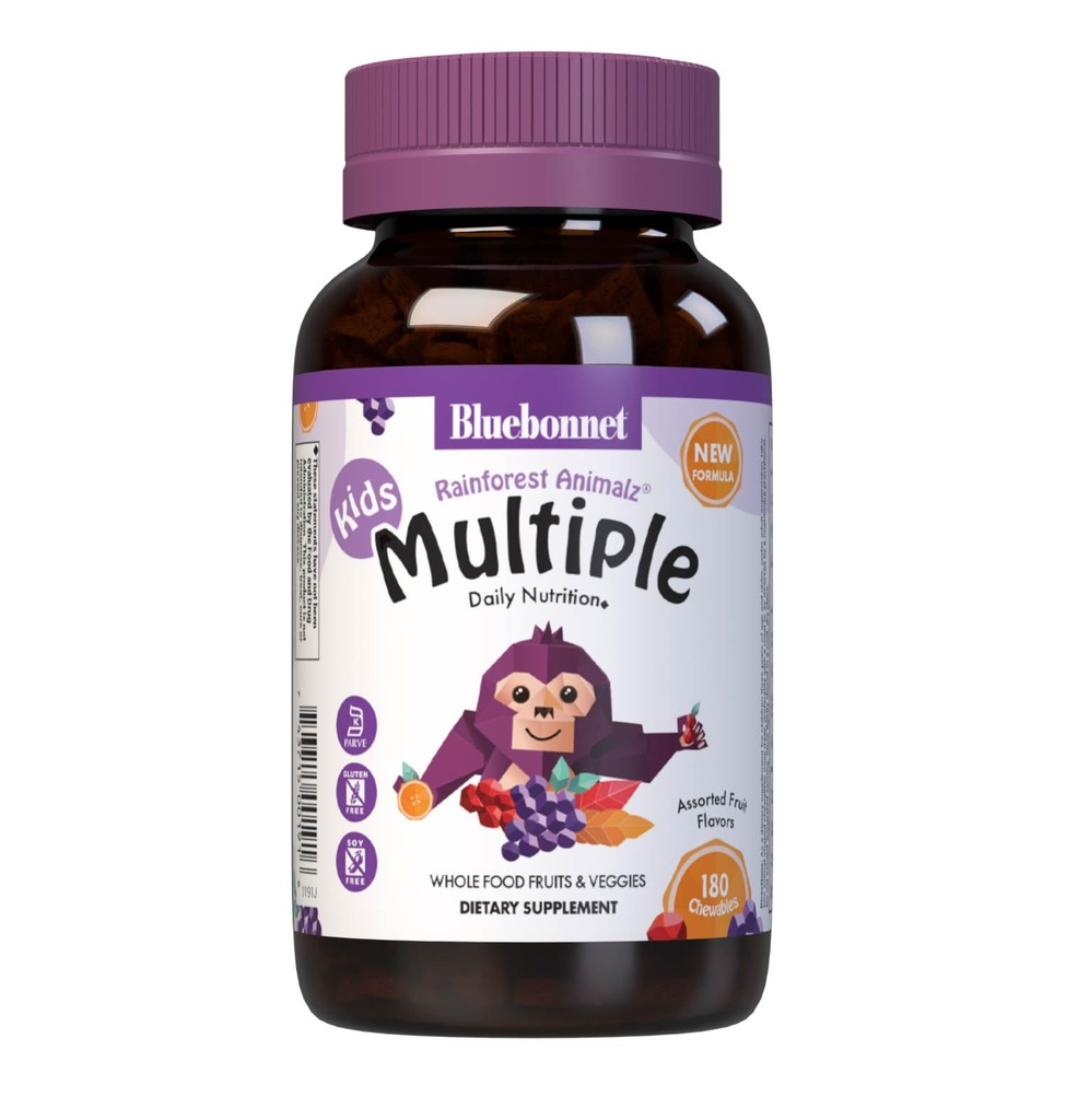 Bluebonnet Beslenme Rainforest Animalz Whole Food Based multiple Chewable Tablet, Çocuklar Multivitamin & Mineral, C, D3, Iron, Gluten Free, Milk Free, Kosher, 180 Chewable Tabletler, Karma Flavor