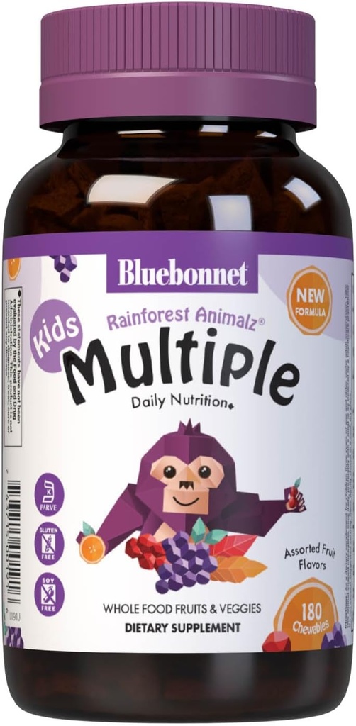 Bluebonnet Nutrition Rainforest Animalz Whole Food Based Multiple Chewable Tablet, Kids Multivitamin & Mineral, Vitamin C, D3, Iron, Gluten Free, Milk Free, Kosher, 180 Chewable Tablets, Mixed Flavor