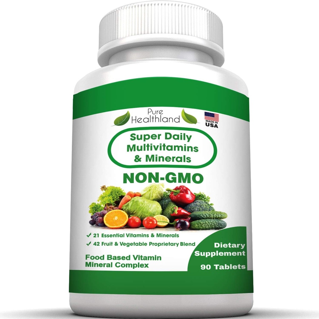Pure Heathland Non-GMO Super Daily Multivitamin for Adults – 42 Φυσικά Φρούτα & Λαχανικά Μείγμα με 21 Ουσιώδεις Βιταμίνες & Ορυκτά – Vegan Coating Tablets, 90 Count, Made in USA