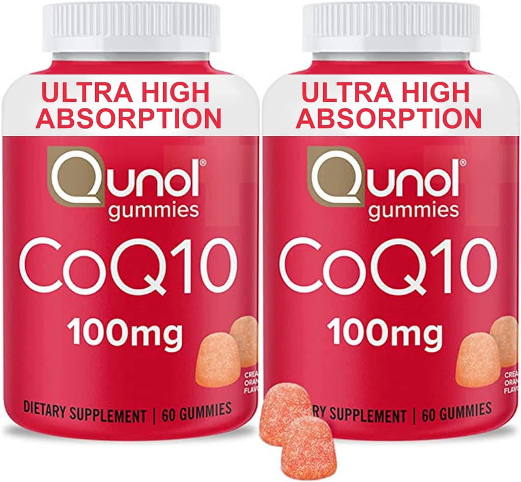 Qunol CoQ10 Gummies, CoQ10 100 mg, Delicious Gummy Supplements, Helps Support Heart Health, Vegan, Gluten Free, Ultra High Abors, 2 Ay Supply (60 Kont, Pack of 2)