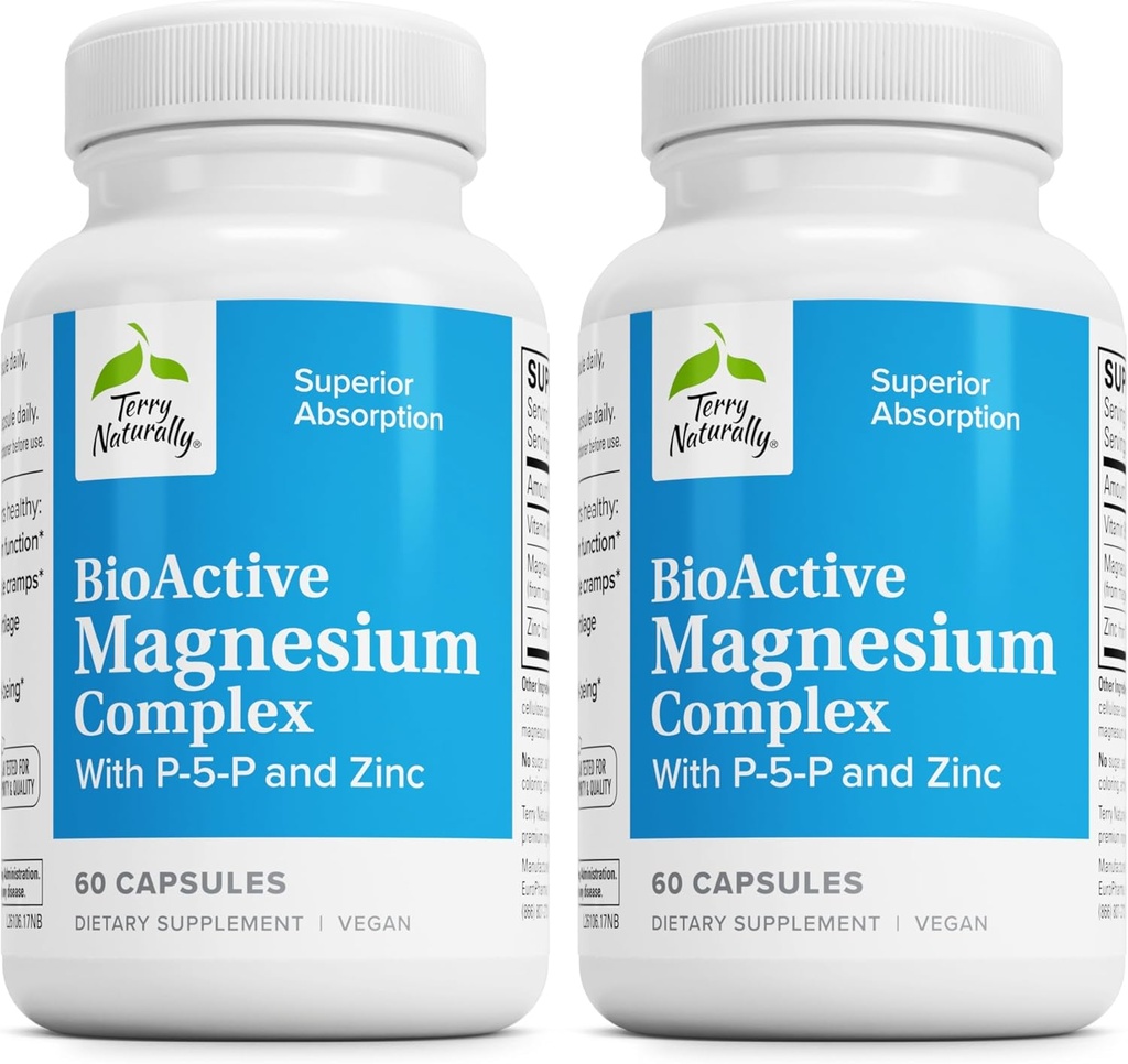 Terry Natural BioActive Magnezyum Kompleksi - Bone & Heart Health Support - Vitamin B6, çinko & Magnezyum - Pyridoxal-5-Phosphate Vegan Capsule Supplement - 60 Capsules (Pack of 2)