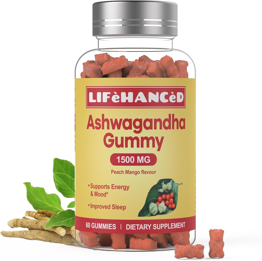 Ashwagandha Gummies, LAB Tested, 60 Count,1500mg,3% Withanolides, Peach Mango Flavour, Ιδανικό συμπλήρωμα για ολόκληρη την οικογένειά σας.