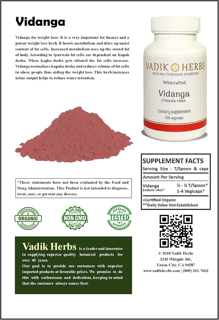 Vadik Herbs sertifikalı Organik Vidanga (Embelia Ribes) Toz 1lb. Pack | Kilo kaybı için Mükemmel Herb, Skin Koşulları, Intestinal Cleanser