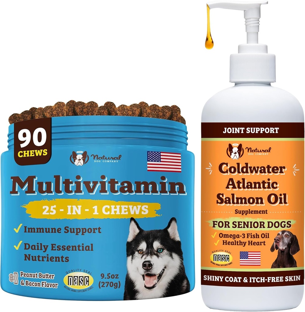 Doğal Köpek Şirketi Multivitamin Chews & Coldwater Atlantic Salmon Oil Sche – Gelişmiş Immune Support, Ortak Bakım ve Yaşlı Köpekler için Bilişsel Sağlık - Mükemmel Günlük Tamam, 90 Chews + 16oz Oi