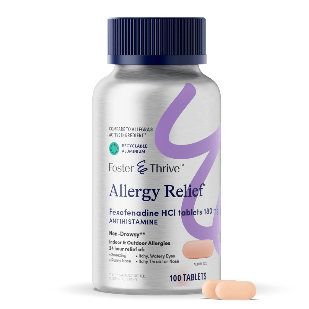 Foster & Thrive Fexofenadine HCl Non Drowsy Alerji Relief for Hay Ateş, Pollen, Itchy Eyes ve Mevsimlik Tüm enerjiler, Çocuklar ve Yetişkinler için Etkili Destek, 180 mg, 100 Tablet