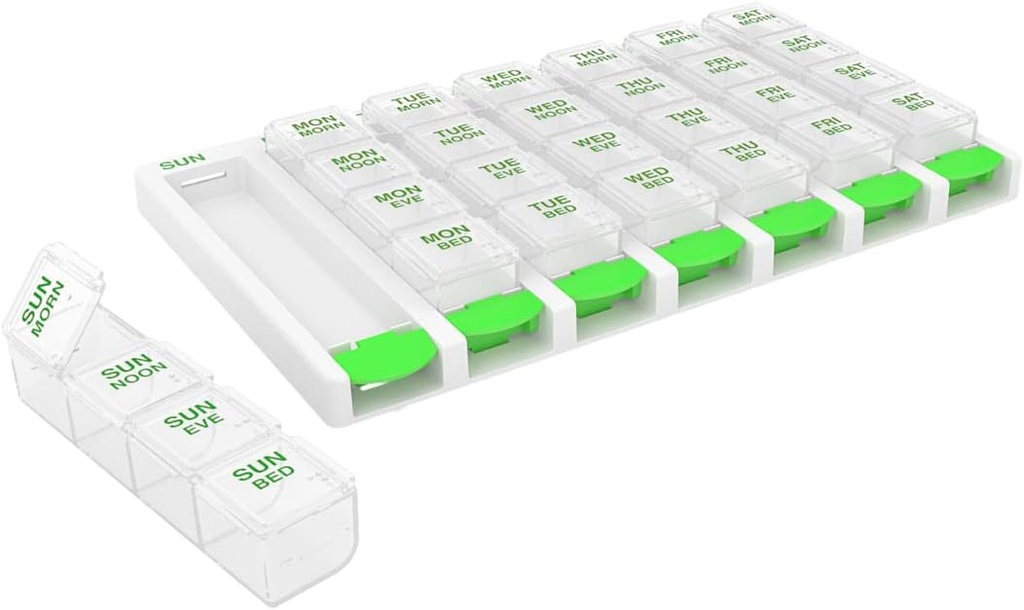 EZY DOSE Weekly (7 Day) 4 Times a Day Push Düğme Pill Organizer ve Vitamin Planlayıcı, Yeniden taşınmak Günlük Pillboxes, Green, Easy and Easy to Use, Clear Lids, Large, BPA Free