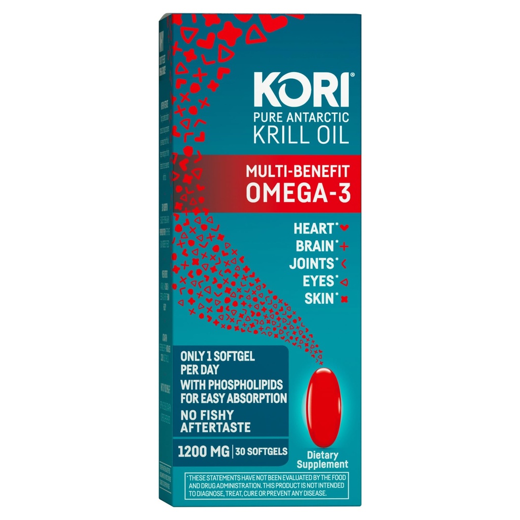 Kori Krill Oil Omega 3 συμπλήρωμα, πετρέλαιο κριλ Ανταρκτικής με ανώτερη απορρόφηση έναντι ιχθυέλαιο, 1200mg Softgels, 30 Softgels, EPA & DHA