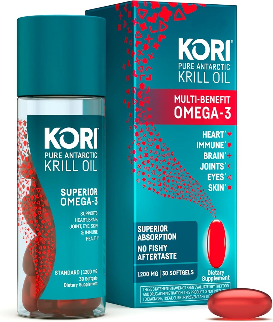 Kori Krill Oil Omega 3 συμπλήρωμα, πετρέλαιο κριλ Ανταρκτικής με ανώτερη απορρόφηση έναντι ιχθυέλαιο, 1200mg Softgels, 30 Softgels, EPA & DHA