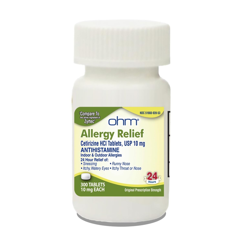 Ohm 24 Saat Antihistamin Cetirizine HCl 10 mg Tablet, 300 Kont - Itchy Eyes, Runny Nose, Hay Ateş, Pollen ve Kapalı & Açık Tüm Enerjiler