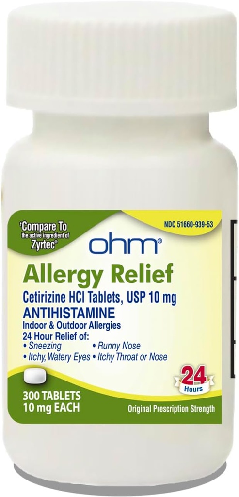 Ohm 24- hour Αντιισταμινική Cetirizine HCl 10 mg δισκία, 300 Count – All-Day Αλλεργία Ανακούφιση για Ίτσι μάτια, Runny μύτη, Πυρετός Hay, Pollen, και Αλλεργίες εσωτερικού & εξωτερικού χώρου
