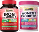 Iron Supplement, 65mg Carbonyl Iron with 250mg Vitamin C + Vitalibre Women's Probiotics 100 Billion CFU, 15 Strains, w/Prebiotic, Cranberry, Vitamin B6 & VC