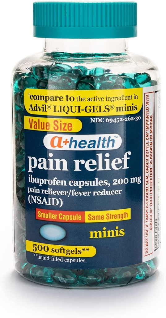 A+Sağlık Mini Ibuprofen 200 Mg Softgels, Pain Reliever/Fever Function (NSAID), 500 Count
