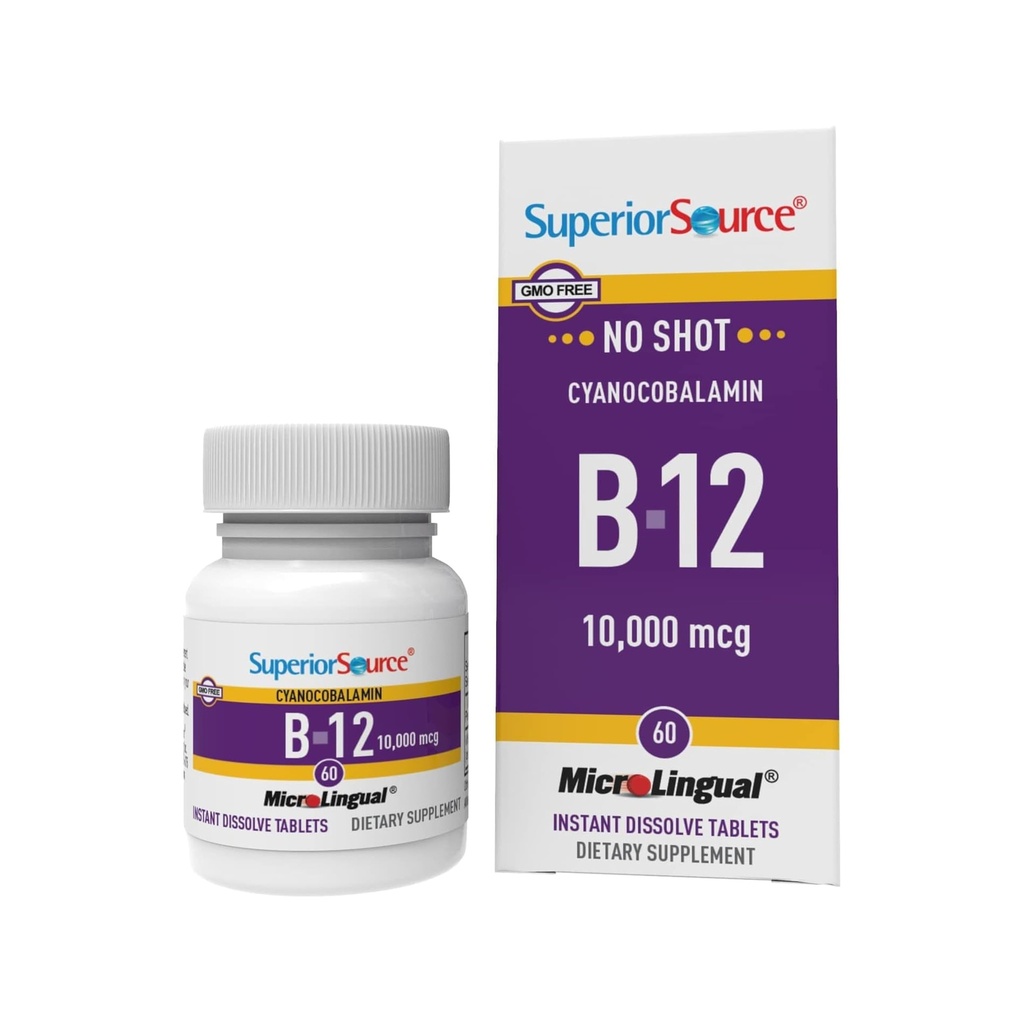 Superior Source No Shot Vitamin B-12 Κυανοκοβαλαμίνη 10000 mcg - Βιταμίνη B-12 για την υποστήριξη της παραγωγής ενέργειας, της υγείας του εγκεφάλου και της συνολικής ευεξίας - Υπογλώσσια δισκία - 60 Διαλυτά δισκία