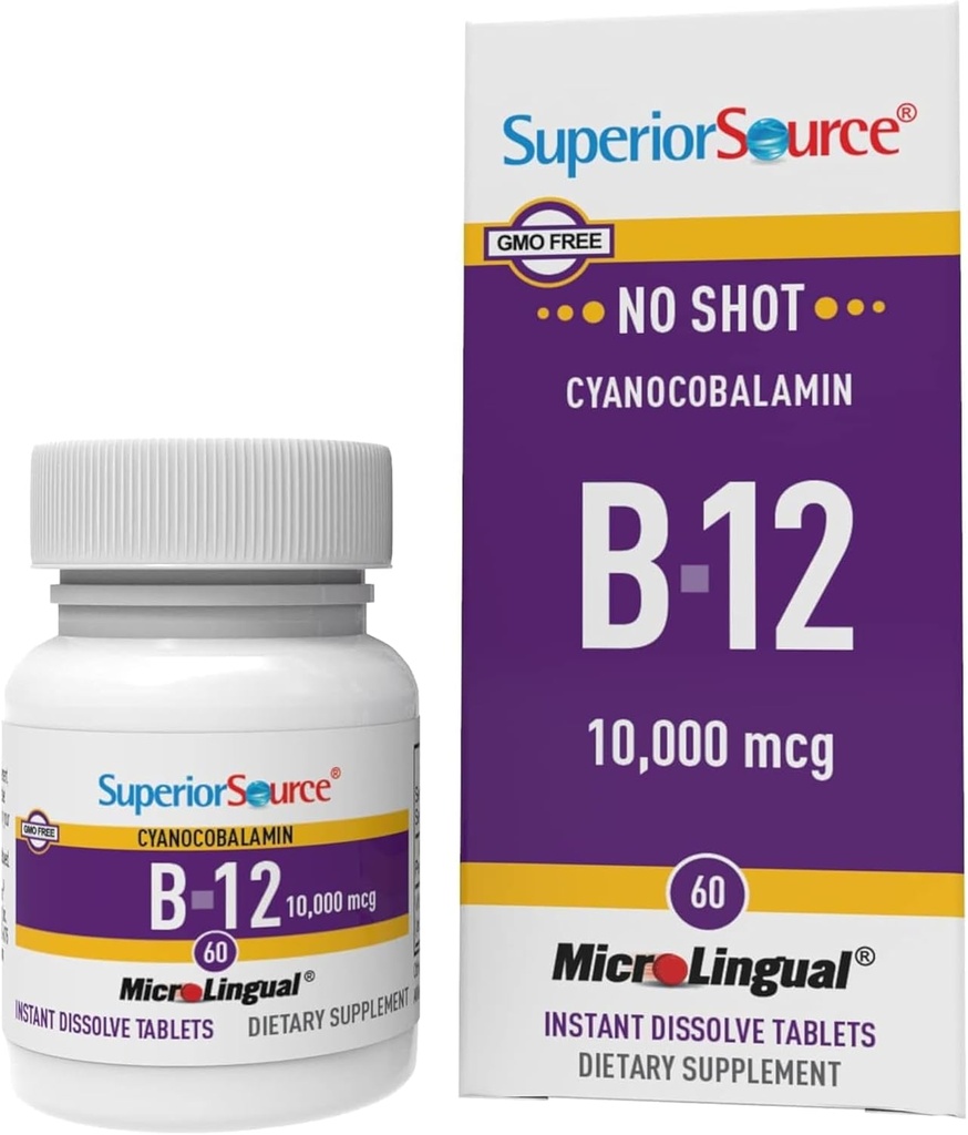 Superior Source No Shot Vitamin B-12 Κυανοκοβαλαμίνη 10000 mcg - Βιταμίνη B-12 για την υποστήριξη της παραγωγής ενέργειας, της υγείας του εγκεφάλου και της συνολικής ευεξίας - Υπογλώσσια δισκία - 60 Διαλυτά δισκία