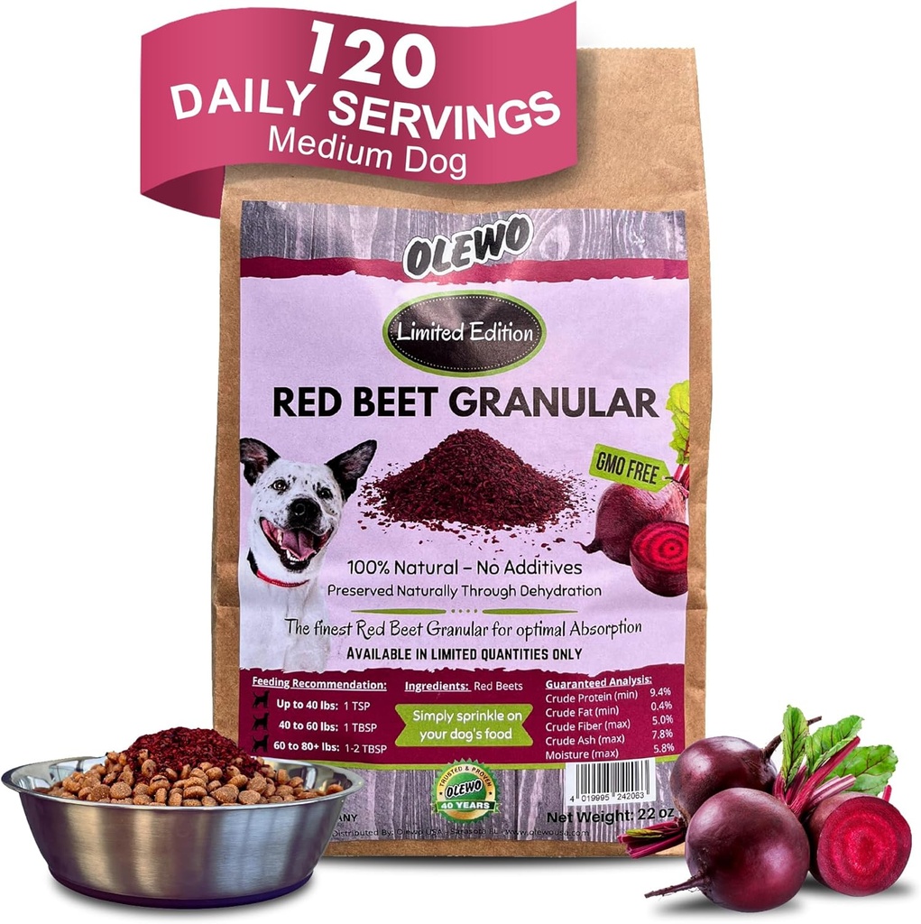 Olewo Red Beets for Dogs Granular - Doğal Anti Itch Dog Food Topper, Immune, Cleansing, Skin & Coat Support, Dehidratd Whole Food Multivitamin & Fiber, 22 ozz