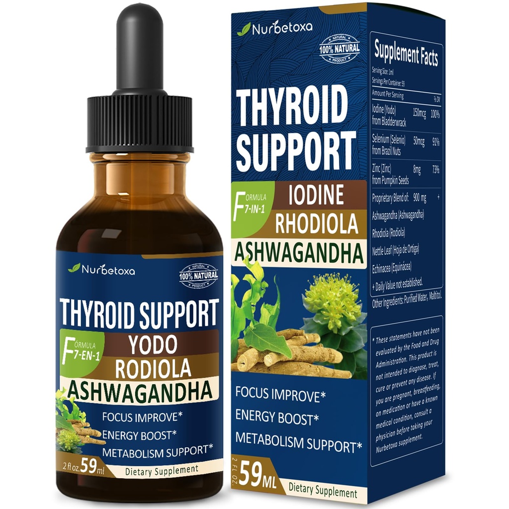 Tiroid Desteği Drops - Sıvı Iodine Supplement, Gotas de YODO y Selenio parayonu, Con Rodiola Semenovii y Ortiga, Fight Brain Fog w/Ashwagandha & Rhodiola Extract Tincture.2 ozz