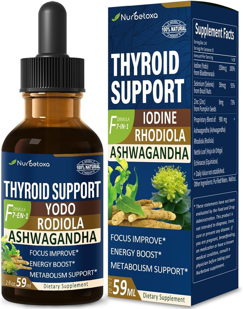 Tiroid Desteği Drops - Sıvı Iodine Supplement, Gotas de YODO y Selenio parayonu, Con Rodiola Semenovii y Ortiga, Fight Brain Fog w/Ashwagandha & Rhodiola Extract Tincture.2 ozz