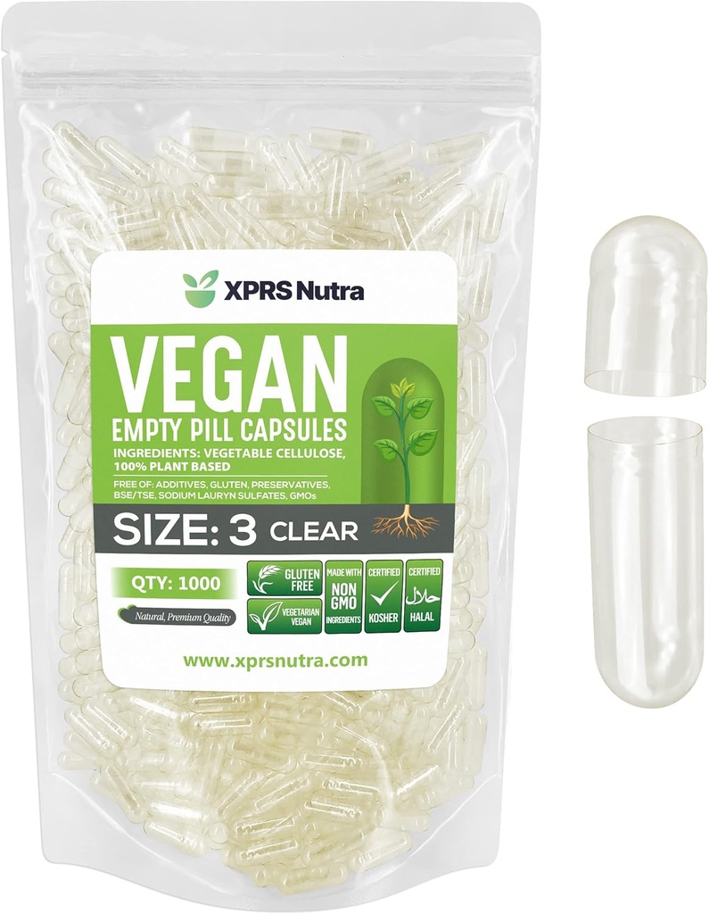 XPRS Nutra Μέγεθος 3 Κενές κάψουλες - 1000 Clear Count Empty Vegan Κάψουλες - Χορτοφαγικά Χάπια - DIY Καψάκιο Γέμισμα - Veggie Καπάκια Χάπια