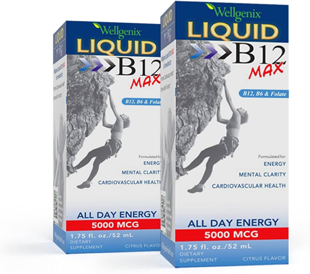Wellgenix B12 Max Liquid - Βιταμίνη B6, B12 & Folate-High Absorption - Καρδιαγγειακή Υγεία, Διανοητική Καθαρότητα, Ενέργεια Ενίσχυση & Απώλεια Βάρος - 1.75oz, 2 Συσκευασία