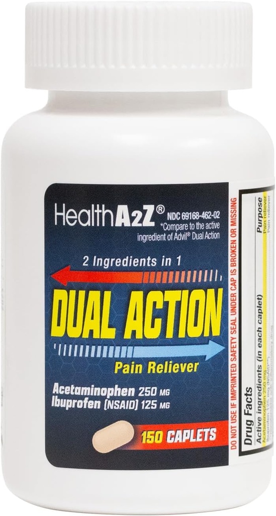 HealthA2Z® Dual Action Pain Relief | Acetaminophen 250 mg & Ibuprofen (NSAID) 125 mg | Contains Two Medicines | Relief from Headache, & Backache (150 Caplets)