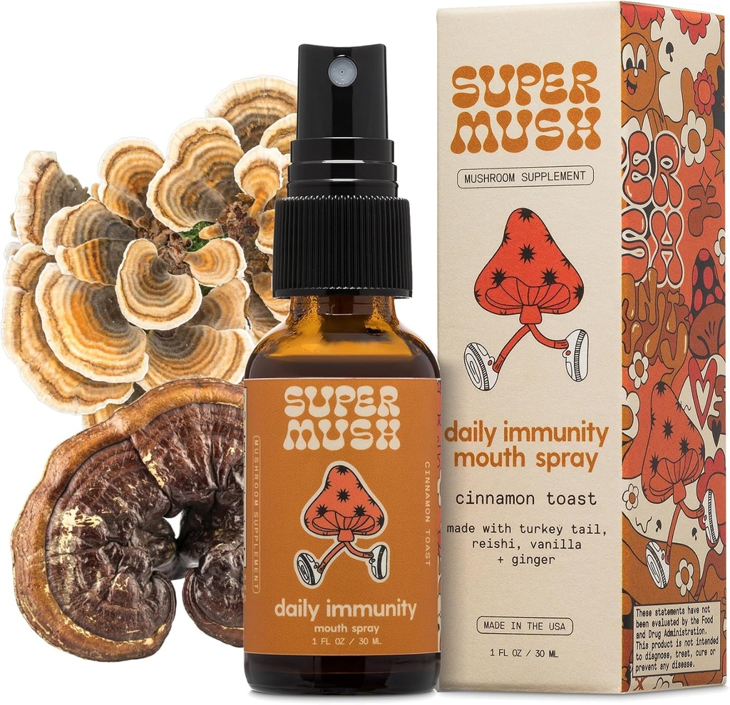 SuperMush Daily Immunity Mouth Spray Organic - Mushroom Immunity Spray Supplements - Turkey Tail & Reishi Mixed Mushrooms Extract - Immune & Digestive Health Support - 30ml Αμιγής & Βιολογική Ουρά Τουρκίας