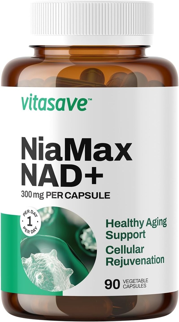 Vitasave NiaMax NAD+ Supplement – 300 mg Niacinamid Riboside per Capsule – Yüksek Lisans NAD+ Enerji, Sağlıklı Aging & Metabolic Fonksiyonlu – Vegan, Non-GMO, Gluten-Free (90 Capsules)