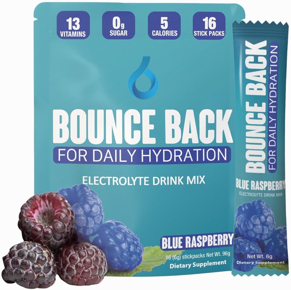Bounce Back Daily Hydration - 13 Temel Vitaminler, Zero Sugar Electrolyte Packets - 5 Calories, Organik - Keto ve Intermittent Friendly | 0 Net Carbs (16 Pack, Blue Raspberry)