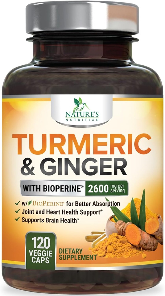 Turmeric Curcumin Supplement 2600 mg - Organik Ginger & Turmeric, BioPerine Black Pepper % 95 Curcuminoids - Gelişmiş Abors & Antioksi Ekstra Güç Desteği - 120 Capsules