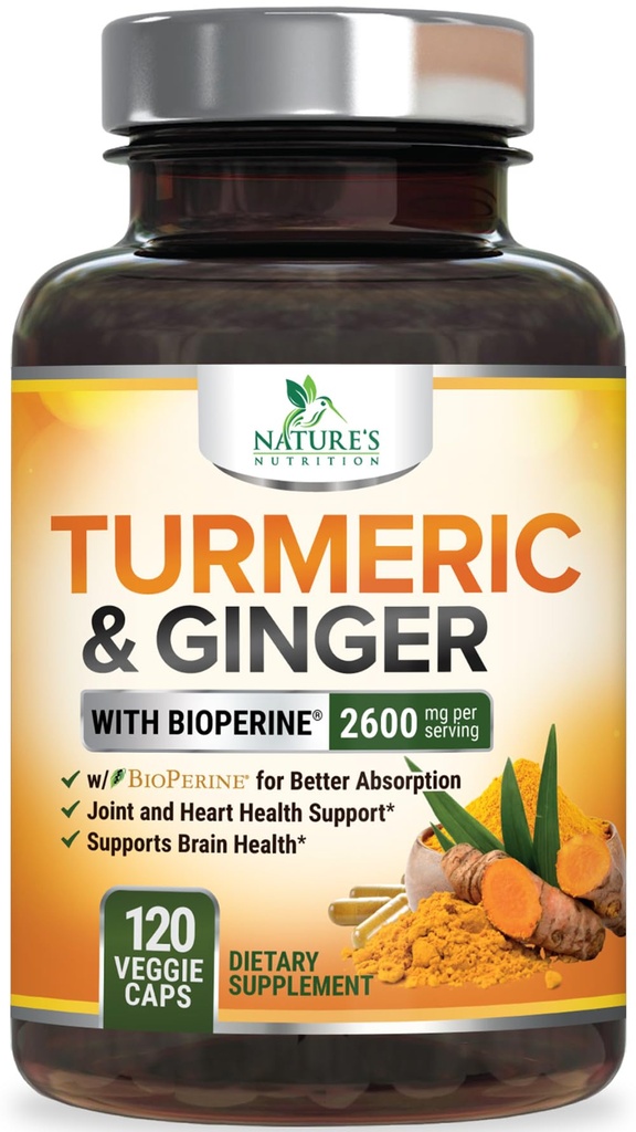 Turmeric Curcumin Supplement 2600mg - με Organic Ginger & Turmeric, BioPerine Black Pepper Extract 95% Curcuminoids - Σύνθετη Απορρόφηση Κοινή & Αντιοξειδωτική Υποστήριξη Επιπλέον Δύναμη - 120 Κάψουλες