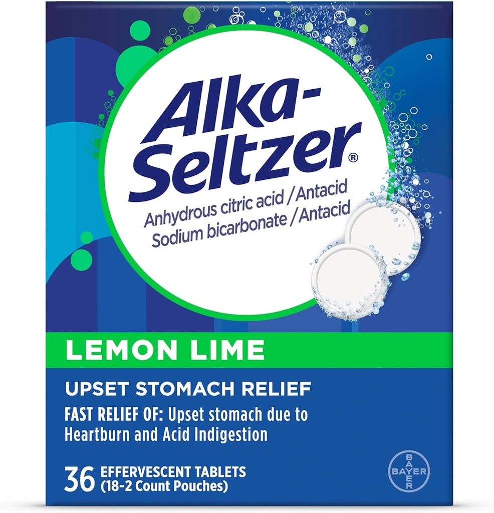Alka-Seltzer Lemon Lime Heartburn Relief Tabletleri, Hızlı asit Indigestion Relief, Antacid with Lemon Lime Flavor 36 Ct