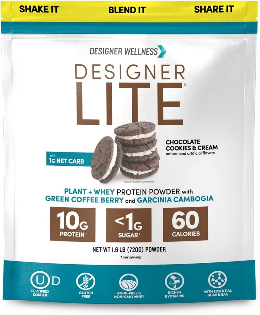 Tasarımcı Wellness, Tasarımcı Lite, Low Calorie Natural protein, Prebiyotik Fiber, Key Vitamins & Minerals, Chocolate Cookies & Cream, 25.6 Ounces