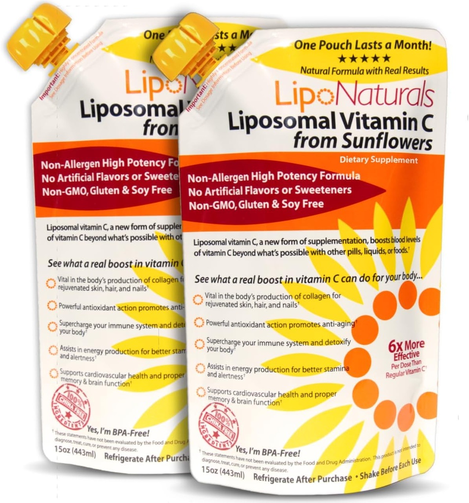 Lipo Naturals Liposomal Vitamin C 1000 mg Sıvı (2-Pack 60 Dos) - Doğal Formula Immunity + Enerji Desteği - Vegan, Çin-Free (15oz / 443 ml ea)