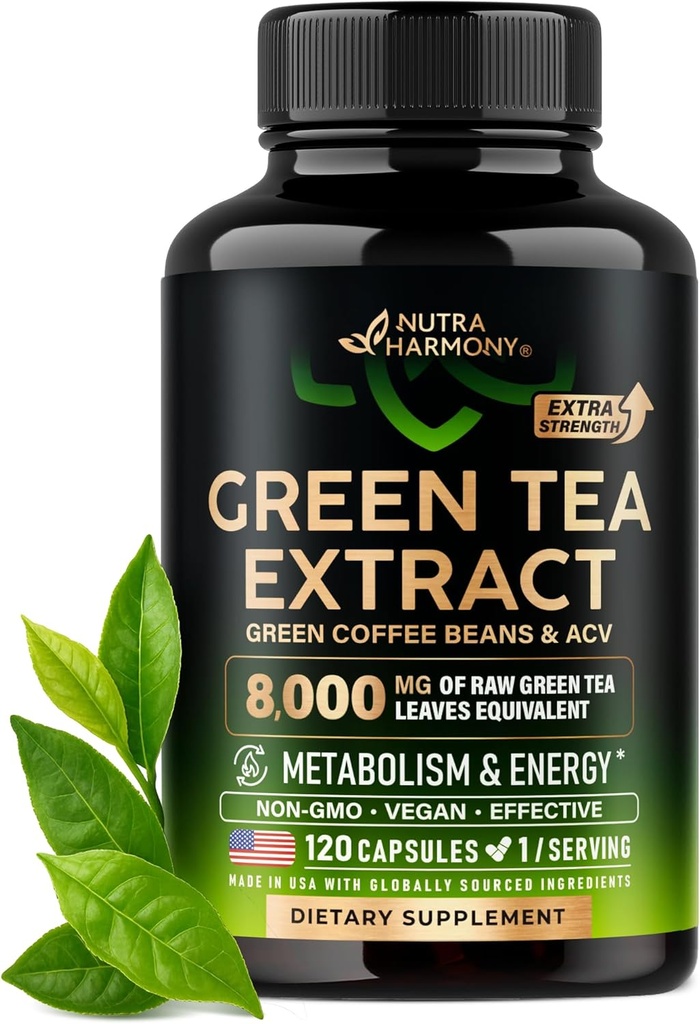 Green Tea Extract Capsules with Green Coffee Beans & Apple Cider Vinegar - Energy & Metabolism Support - Green Tea Supplement 50% EGCG - 20:1 Natural Extract - for Men & Women - 120 Vegan Capsules