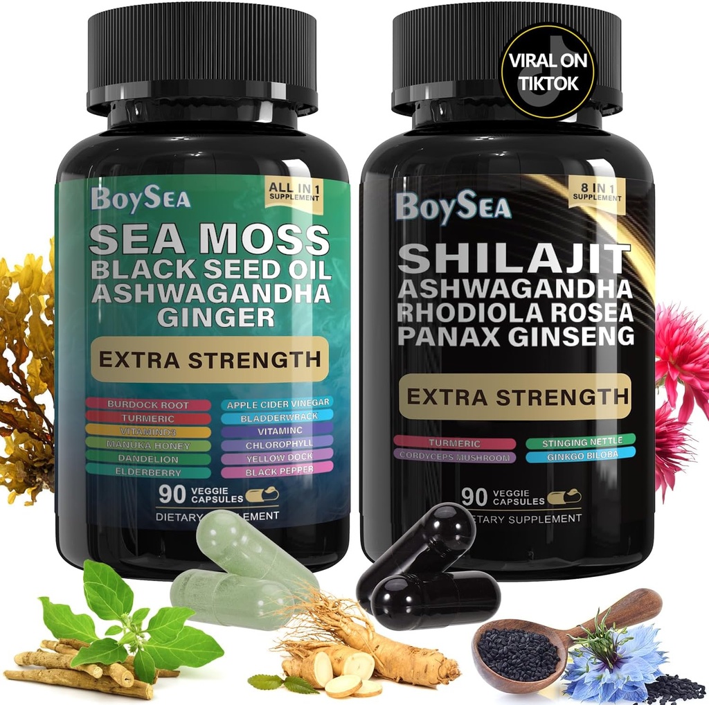 Boysea. Shilajit ve Sea Moss Sche- 90 Count - Sea Moss, Black Seed Oil, Ashwagandha, Ginger & Shilajit, Rhodiola Rosea, All in 1 Supplements (1)