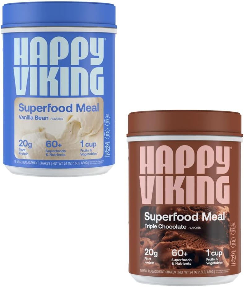 Happy Viking Vanilla and Chocolate Protein Powder, by Venus Williams, 20G Protein, Low Carb, Keto, Vegan, Gluten-free, Superfoods, Complete Meal Replacement, 2 Canisters (24 oz. Κάθε)