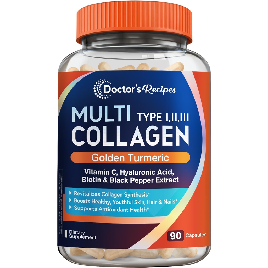 Doktor'un Altın Turmeric, Vitamin C, Biotin, Hyaluronic Acid & Black Pepper, Collagen Supplements for Skin, Hair, Nail, Collagen for Women and Men, 90 Caps