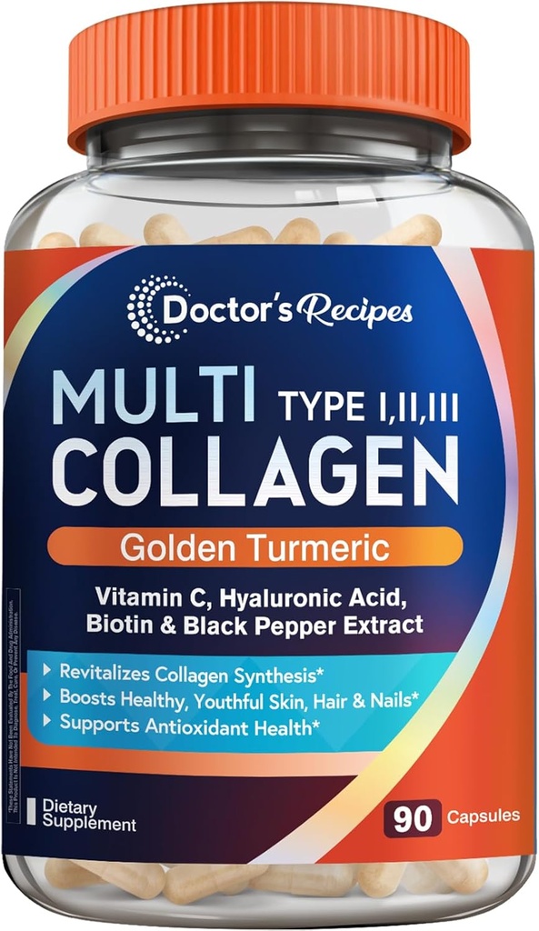 Doktor'un Altın Turmeric, Vitamin C, Biotin, Hyaluronic Acid & Black Pepper, Collagen Supplements for Skin, Hair, Nail, Collagen for Women and Men, 90 Caps