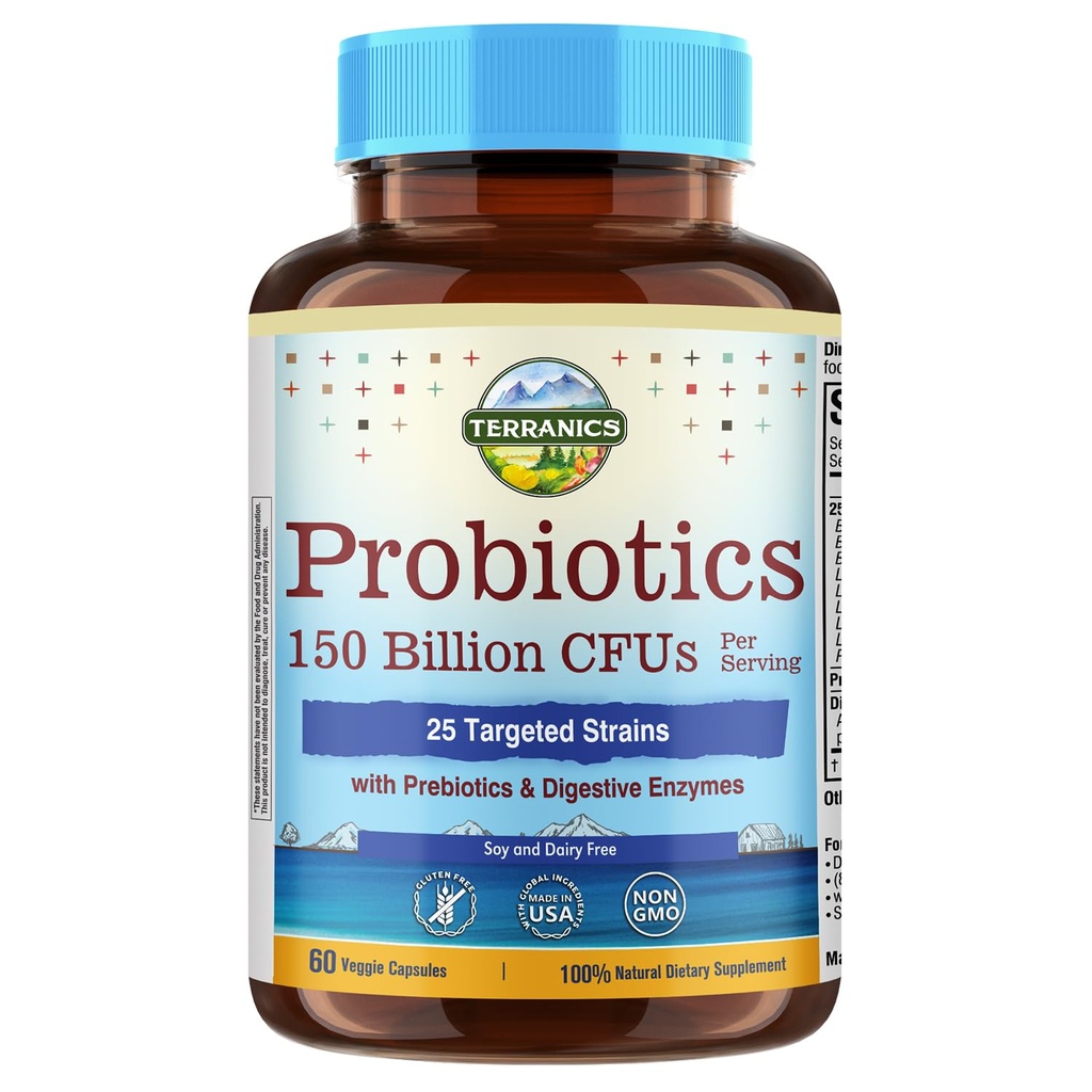 Terranics Daily Probiotics for Men & Women, 150 Billion 25 Strains Colon Care Probiotics, με Πρεβιοτικά & Ένζυμα, Υγιής Κανονικότητα, Καθυστερημένη απελευθέρωση, Ράφι Σταθερό, 60 Veggie Caps