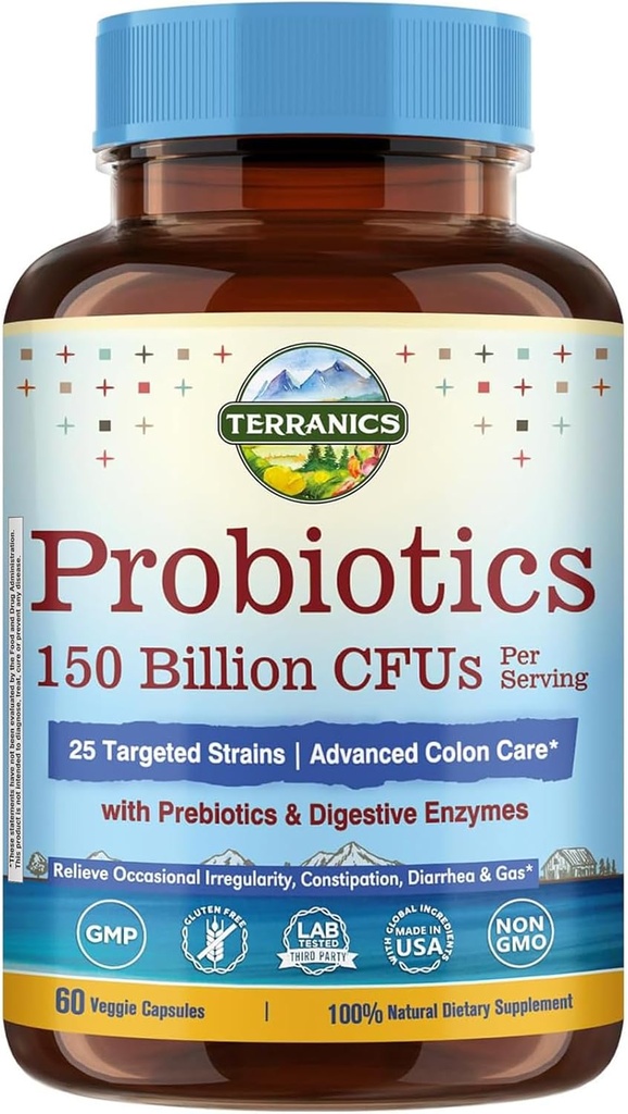 Terranics Daily Probiotics for Men & Women, 150 Billion 25 Strains Colon Care Probiotics, with Prebiotics & Enzymes, Healthy Regularity, Delayed Release, Shelf Stable, 60 Veggie Caps