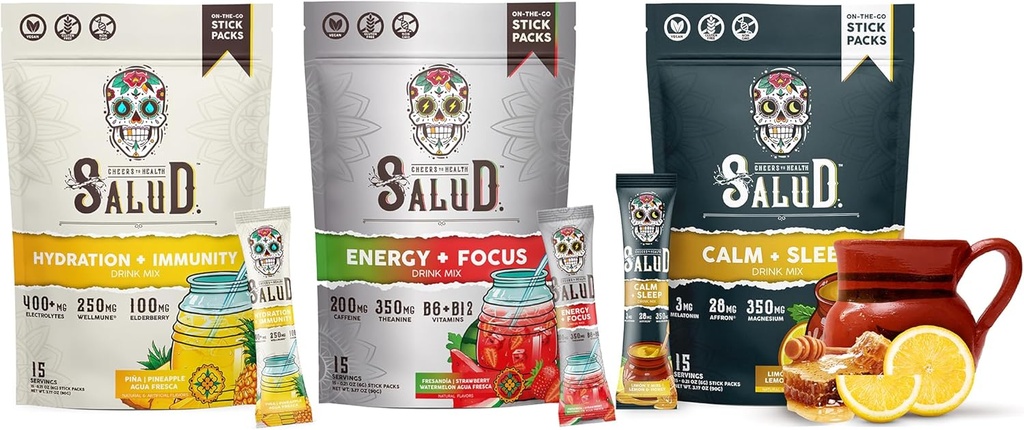 Salud Diversity 3-Pack | 2in-1 Hydration + Immunity (Pineapple), Enerji + Focus (Strawberry Watermelon) & Calm + Sleep (Lemon Honey) – 15 Her biri, Non-GMO, Gluten Free, Low Calorie, 1g of Sugar