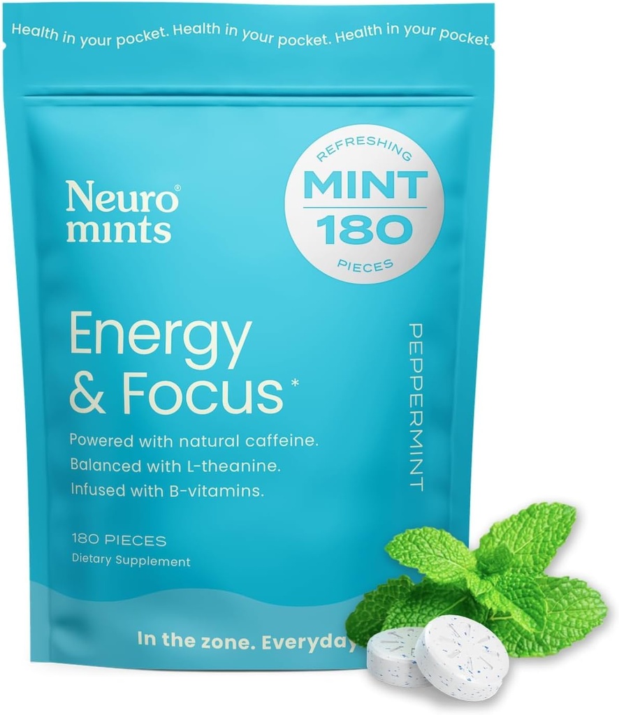 NöroGum Enerji Caffeine Mints (180 Adet) - L-theanine + Natural Caffeine + Vitamin B12 & B6 - Nootropic Energy & Focus Supplement for Women & Men - Keto & Vegan, Peppermint Flavoric